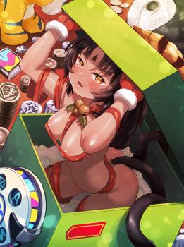 1girl bell black_hair born-to-die box breasts cat_girl cat_tail christmas commentary english_commentary gift gift_box highres jingle_bell looking_at_viewer medium_breasts multiple_tails naked_ribbon neck_bell nekomiya_mana open_mouth red_ribbon ribbon sitting smile solo tail yellow_eyes zenless_zone_zero
