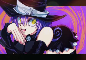 1girl black_dress blair_(soul_eater) dress hasda hat highres leaning_forward open_mouth pink_nails purple_hair short_dress soul_eater witch witch_hat yellow_eyes