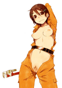 1girl belt breasts brown_eyes brown_hair cleft_of_venus female_focus female_pubic_hair jumpsuit mashimi nipples open_clothes open_shirt orange_jumpsuit orange_shirt original pubic_hair pussy shimimaru shirt solo tools wrench