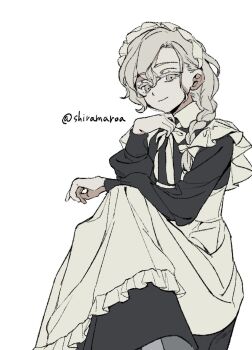 1boy apron artist_name braid commentary crossed_legs fate/grand_order fate_(series) hand_on_own_knee highres light_smile long_sleeves looking_at_viewer looking_down maid maid_headdress male_focus marisbury_animusphere ribbon shiramaroa side_braid sideways_glance solo thick_eyelashes twitter_username wavy_hair white_apron white_ribbon