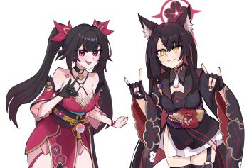 2girls animal_ear_fluff animal_ears bell black_kimono blue_archive breasts brown_hair commentary commission dress english_commentary fingerless_gloves flower_tattoo fox_ears fox_girl fox_shadow_puppet gloves halo highres honkai:_star_rail honkai_(series) japanese_clothes kimono large_breasts long_hair looking_at_viewer multiple_girls nail_polish neck_bell pianobat purple_eyes red_dress red_eyes red_halo shoulder_tattoo simple_background sparkle_(honkai:_star_rail) tattoo twintails very_long_hair wakamo_(blue_archive) white_background yellow_eyes
