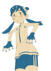 Rule 34 | 1girl, animal ears, asymmetrical hair, bike shorts, blue hair, blue nails, blue shorts, blush, cowboy shot, extra ears, fingerless gloves, from below, gloves, groin, hara (pencilpen), highres, legs together, limited palette, looking at viewer, medium hair, nail polish, no sclera, nostrils, open mouth, original, rabbit ears, short sleeves, shorts, simple background, skirt, spread fingers, standing, tareme, teeth, twintails, upper teeth only, white background, zipper