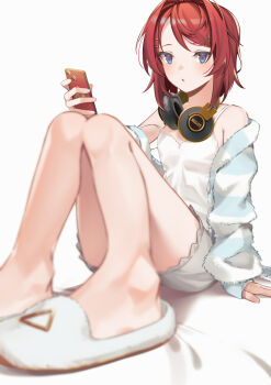 1girl ange_katrina ange_katrina_(6th_costume) arm_support armpit_crease bare_legs bare_shoulders blue_cardigan blue_eyes blurry breasts camisole cardigan cellphone commentary_request depth_of_field foreshortening full_body grey_shorts hair_ornament hairclip hairpin hand_up headphones headphones_around_neck highres holding holding_phone knees_up large_variant_set looking_at_viewer medium_hair multicolored_eyes multiple_hairpins nijisanji off_shoulder open_cardigan open_clothes parted_lips phone purple_eyes red_hair shorts simple_background sitting sleepwear slippers small_breasts smartphone solo strap_slip striped_cardigan th@nk two-tone_eyes variant_set virtual_youtuber white_background white_camisole white_cardigan white_slippers