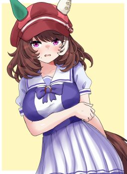 Rule 34 | 1girl, animal ears, arm under breasts, blush, border, bow, bowtie, breasts, brown hair, collarbone, commentary request, ear covers, grey hair, hat, highres, horse ears, horse girl, horse tail, large breasts, looking at viewer, marche lorraine (umamusume), mismatched ear covers, multicolored hair, open mouth, outside border, pink eyes, purple bow, purple bowtie, purple shirt, red hat, sailor collar, school uniform, shirt, short sleeves, simple background, skirt, solo, standing, streaked hair, summer uniform, sweatdrop, swept bangs, tachibana nukesaku, tail, tracen school uniform, umamusume, upper body, white border, white sailor collar, white skirt, yellow background