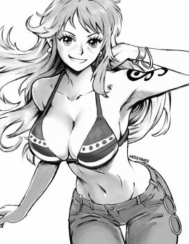 Rule 34 | 1girl, armpits, artist name, bangle, bare shoulders, bikini, bikini top only, bracelet, breasts, cleavage, collarbone, cowboy shot, denim, earrings, greyscale, grin, jeans, jewelry, large breasts, log pose, long hair, looking at viewer, miss faves, monochrome, nami (one piece), nami (one piece) (return to sabaody), navel, official alternate costume, one piece, pants, pearl earrings, shoulder tattoo, simple background, smile, stomach, striped bikini, striped clothes, swimsuit, tattoo, white background