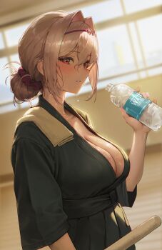 1girl absurdres bottle breasts cleavage dougi goddess_of_victory:_nikke greenpie grey_hair hair_intakes hashtag-only_commentary highres holding holding_bottle holding_sword holding_weapon indoors kendo large_breasts red_eyes scarlet_(nikke) short_hair solo sweat sword water_bottle weapon wooden_sword