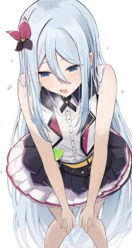 1girl @_@ april_fools bare_arms belt black_belt blue_eyes blush circle_skirt clover_ornament collared_shirt commentary corrupted_twitter_file exhausted flat_chest flying_sweatdrops grey_hair hair_between_eyes hair_ornament hands_on_own_knees heavy_breathing highres kunizaki leaning_forward long_bangs long_hair long_sidelocks miniskirt multiple_belts open_clothes open_mouth open_vest pleated_skirt project_sekai raised_inner_eyebrows see-through_clothes see-through_shirt shirt sidelocks simple_background skirt sleeveless sleeveless_shirt solo standing straight_hair sweat sweaty_clothes translucent very_long_hair very_sweaty vest wet wet_clothes wet_shirt white_background white_shirt white_skirt white_vest yellow_belt yoisaki_kanade