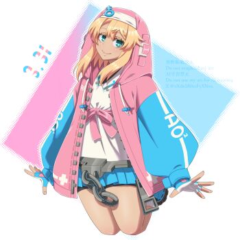 1boy alternate_color androgyne_symbol ankle_socks aqua_eyes arms_at_sides bare_legs belt bike_shorts bike_shorts_under_skirt blonde_hair blue_gloves blue_shoes blue_skirt blue_sleeves border bow bridget_(guilty_gear) chain closed_mouth collared_shirt colored_eyelashes commentary_request crossdressing crossdressing_(mtf) dated double-parted_bangs fingerless_gloves full_body gloves grey_belt guilty_gear guilty_gear_strive hair_between_eyes halftone halftone_background hood hood_up hooded_jacket jacket jumping lips long_hair long_sleeves looking_at_viewer male_focus miniskirt open_clothes open_jacket outline outside_border outstretched_hand pink_bow pink_jacket pleated_skirt puffy_long_sleeves puffy_sleeves raglan_sleeves shirt shoes sidelocks skirt smile socks solo tondabayashi_koori transgender_day_of_visibility transgender_flag transgender_flag_print trap two-sided_gloves watermark white_border white_gloves white_outline white_shirt white_socks