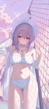 1girl absurdres atsuko_(blue_archive) atsuko_(swimsuit)_(blue_archive) bikini blue_archive blush breasts chain-link_fence cleavage cloud cloudy_sky collarbone commentary fence frilled_bikini frills hair_between_eyes hair_over_shoulder halo hand_on_headwear hat highres jewelry long_hair long_sleeves looking_at_viewer navel necklace ocean official_alternate_costume open_clothes open_shirt outdoors p00nipooni palm_tree parted_lips pink_eyes pink_hair pink_lips pink_sky see-through_clothes see-through_shirt shirt sky solo standing star_(symbol) star_necklace stomach sun_hat sunset swimsuit symbol-only_commentary thighs tree water_drop white_bikini white_hat white_shirt