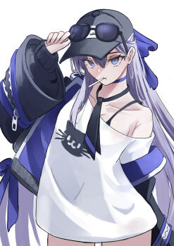 1girl absurdres animal_print bare_shoulders baseball_cap black_hat black_jacket blue_eyes blue_ribbon breasts cat_print choker collarbone commentary_request fate/grand_order fate_(series) food hair_ribbon hat highres jacket long_hair long_sleeves looking_at_viewer meltryllis_(fate) mouth_hold off_shoulder popsicle purple_hair ribbon shirt small_breasts solo sunglasses thighs very_long_hair white_shirt yugusan5