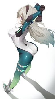 1girl absurdres adapted_costume ailushin ass black_hairband blue_pupils blush bodysuit breasts commentary firefly_(honkai:_star_rail) full_body gradient_eyes grey_bodysuit grey_hair hair_between_eyes hair_intakes hairband hashtag-only_commentary highres honkai:_star_rail honkai_(series) long_hair mecha_pilot_suit medium_breasts multicolored_eyes simple_background solo stretching symbol-only_commentary two-tone_eyes white_background white_bodysuit