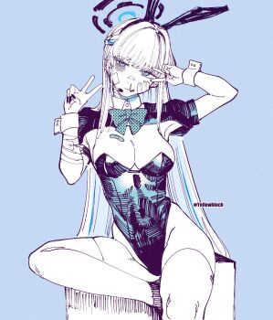 1girl animal_ears bandaid bandaid_on_breast blood blood_on_face blue_archive bow bowtie breasts bruise bruise_on_face bruised_eye dated_commentary double_v fake_animal_ears gauze gauze_on_cheek halo headset highres injury leotard long_hair looking_at_viewer medium_breasts nail_polish nosebleed otimusyairoha playboy_bunny rabbit_ears short_sleeves simple_background sitting solo thighhighs toki_(blue_archive) toki_(bunny)_(blue_archive) v v_over_eye very_long_hair wrist_cuffs