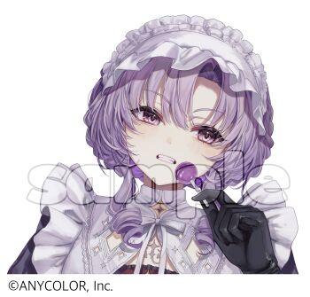 1girl apron black_gloves candy chest_tattoo clenched_teeth copyright_notice cropped_shoulders eyelashes food gloves highres holding holding_candy holding_food holding_lollipop hyakumantenbara_salome hyakumantenbara_salome_(4th_costume) lollipop maid maid_apron maid_headdress neko_tengoku nijisanji official_art purple_hair short_hair sideways_glance simple_background solo sparkling_eyes tattoo teeth virtual_youtuber white_background