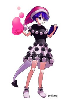 Rule 34 | 1girl, artist name, black shirt, blob, book, closed mouth, commentary request, doremy sweet, dream soul, full body, hat, holding, holding book, looking at viewer, maa (forsythia1729), nightcap, pink hat, pom pom (clothes), purple eyes, purple hair, shirt, short hair, short sleeves, simple background, skirt, smile, socks, solo, tail, tapir tail, touhou, watermark, white background, white skirt, white socks