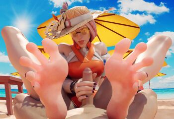 1boy 1girl 3d ashe_(overwatch) bare_arms bare_legs bare_shoulders barefoot beach blizzard_(company) edging eyelashes feet feet_up femdom foot_focus foreskin handjob hat hetero highres legs long_toes looking_at_viewer lying nude on_back outdoors overwatch overwatch_2 penis pink_hair pov public_indecency public_nudity purple_nails purple_toenails soles spread_legs spread_toes sun_hat sunglasses sunlight swimsuit syclops tagme teasing testicles thighs toes umbrella underwear variant_set