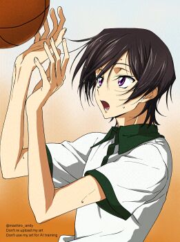 1boy absurdres ball basketball_(object) brown_hair code_geass collared_shirt gradient_background green_trim hair_between_eyes highres lelouch_vi_britannia male_focus mashiro_andy open_mouth orange_background purple_eyes shirt short_hair short_sleeves solo sweat twitter_username upper_body white_shirt