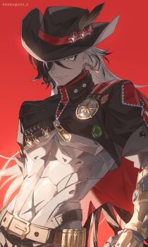 1boy ammunition_belt artist_name badge belt belt_buckle black_eyes black_hair black_hat black_jacket boothill_(honkai:_star_rail) brown_belt buckle bullet bullet_earrings cape closed_mouth commentary_request cowboy_hat cropped_jacket crossed_bangs crosshair_pupils cyborg ear_piercing earrings gold_earrings hair_over_one_eye hat hat_feather highres honkai:_star_rail honkai_(series) jacket jewelry koeda_(k83_4) long_hair looking_at_viewer male_focus mole mole_under_eye multicolored_hair one_eye_covered parted_bangs piercing red_background red_cape red_pupils sheriff_badge short_sleeves simple_background single_earring smile solo streaked_hair twitter_username very_long_hair white_hair zipper zipper_pull_tab
