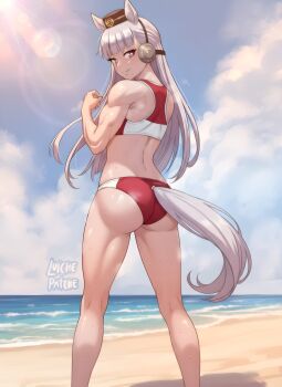 animal_ears ass back bikini blunt_bangs brown_hat commentary ear_covers english_commentary from_behind gold_ship_(umamusume) grey_hair hat highres horse_ears horse_girl horse_tail icedburni long_hair median_furrow purple_eyes swimsuit tail toned toned_female umamusume