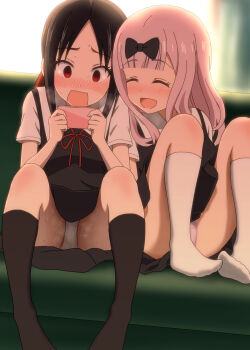 Rule 34 | 2girls, black bow, black dress, black hair, black socks, blouse, blunt bangs, blurry, blurry background, blush, bow, cellphone, closed eyes, commentary request, couch, curtains, dress, feet, fujiwara chika, hair bow, heavy breathing, highres, holding, holding phone, indoors, kaguya-sama wa kokurasetai ~tensai-tachi no renai zunousen~, kneehighs, knees up, multiple girls, no shoes, nose blush, ogyadya, open mouth, panties, pantyshot, parted bangs, phone, pinafore dress, pink hair, pink panties, raised eyebrows, red eyes, red ribbon, ribbon, school uniform, shinomiya kaguya, shirt, short sleeves, shuuchiin academy school uniform, side-by-side, sidelocks, sitting, sleeveless dress, socks, spread legs, surprised, sweat, thighs, underwear, white panties, white shirt, white socks, wide-eyed