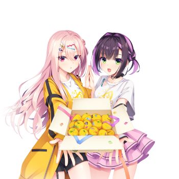 Rule 34 | 2girls, :d, black choker, black hair, black shorts, blush, box, cardboard box, choker, confetti, cowboy shot, crossed bangs, eyelashes, eyes visible through hair, food, fruit, garter straps, green eyes, hair between eyes, hair ornament, hairclip, hand up, harumi ena, heart, heart o-ring, highres, holding, holding box, holding hands, jacket, kobuichi, limelight lemonade jam, long hair, medium hair, miniskirt, mole, mole under eye, multicolored hair, multiple girls, muririn, nabari anju, o-ring, o-ring choker, official art, open clothes, open jacket, open mouth, orange jacket, outstretched arm, parallel hairclips, parted lips, pink hair, pink skirt, pleated skirt, purple streaks, red eyes, shirt, short sleeves, shorts, sidelocks, simple background, skirt, sleeves past wrists, smile, star (symbol), star hair ornament, streaked hair, t-shirt, transparent background, very long hair, white shirt, yuzu (fruit)