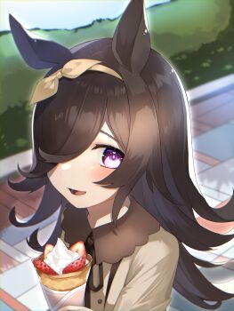 1girl absurdres animal_ears blush brown_hair brown_ribbon brown_shirt commentary crepe food fruit hair_over_one_eye highres horse_ears horse_girl long_hair long_sleeves looking_at_viewer open_mouth outdoors purple_eyes reirou_(chokoonnpu) ribbon rice_shower_(umamusume) shirt solo strawberry strawberry_slice symbol-only_commentary umamusume upper_body walking whipped_cream