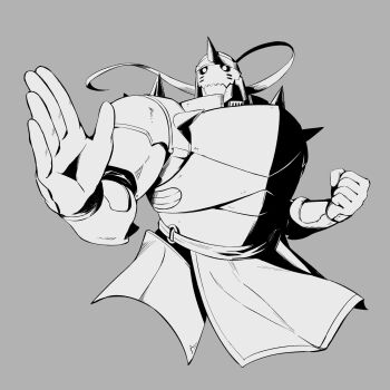 1boy alphonse_elric armor closed_mouth commentary_request cropped_torso fighting_stance full_armor fullmetal_alchemist grey_background greyscale highres horns itsumeee3 looking_ahead male_focus monochrome shoulder_spikes simple_background single_horn solo spikes