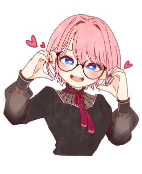 1girl absurdres black_shirt blue_eyes blush breasts commentary_request cropped_torso glasses hair_between_eyes hands_up heart highres hololive long_sleeves looking_at_viewer medium_breasts neck_ribbon official_alternate_costume open_mouth pink_hair red_ribbon ribbon ringo_21_a shirt short_hair simple_background smile solo swept_bangs takane_lui takane_lui_(casual) virtual_youtuber white_background