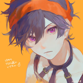 1boy commentary ekubokayo headband jojo_no_kimyou_na_bouken male_focus narancia_ghirga parted_lips portrait purple_eyes purple_hair short_hair solo symbol-only_commentary translation_request vento_aureo yellow_background
