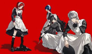 4boys absurdres alternate_costume amamiya_ren apron artist_name axe black_boots black_dress black_gloves black_hair black_socks blue_hair boots braid commentary_request crossdressing crossdressing_(mtf) dress enmaided from_side gloves grey_hair hairband highres holding holding_axe holding_knife holding_tray iroin11 kamishiro_nagisa knife long_hair long_sleeves looking_at_viewer maid maid_apron maid_headdress male_focus multiple_boys narukami_yu parted_lips persona persona_3 persona_3:_dancing_moon_night persona_4 persona_5 persona_5:_the_phantom_x persona_dancing red_background red_eyes red_hair shadow short_twintails simple_background socks squatting stepping tray twin_braids twintails white_apron white_hairband yuuki_makoto_(persona_3)