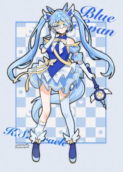 Rule 34 | 1girl, animal ears, asymmetrical legwear, bare shoulders, blue eyes, blue hair, blue leotard, blue skirt, blush, bow, breasts, closed mouth, collarbone, commentary request, glasses, gloves, hair between eyes, hair ornament, highres, holding, holding wand, horse ears, horse girl, horse tail, k.s.miracle (umamusume), kneehighs, leotard, long hair, looking at viewer, magical girl, saramiao-chan, shoes, single thighhigh, skirt, smile, socks, solo, tail, thighhighs, twintails, umamusume, uneven legwear, wand, white bow, white gloves, wing hair ornament