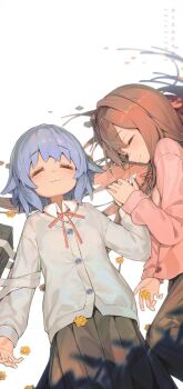 2girls ap04astral bag blue_hair brown_hair closed_eyes dated falling_flower flower frown fujimi_nemu fushimi_nodoka hairband highres holding_hands jacket long_hair long_sleeves lying multiple_girls onii-chan_wa_oshimai! pleated_skirt school_bag school_uniform short_hair skirt sleeping translation_request yotsuba_university_affiliated_junior_high_school_uniform