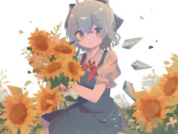 1girl blue_bow blue_dress blue_eyes blue_hair bouquet bow bowtie cirno crystal_wings dress field flower holding holding_flower misakiii nature outdoors pinafore_dress red_bow red_bowtie shirt short_hair short_sleeves sitting sleeveless sleeveless_dress smile solo summer sunflower touhou white_shirt wings