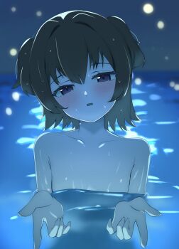 1girl absurdres akagi_miria black_eyes black_hair blush chainsaw_man collarbone commentary english_commentary flat_chest highres i&#039;ll_teach_you_everything_(chainsaw_man) idolmaster idolmaster_cinderella_girls loli looking_at_viewer movie_reference nakoni_(solalalala) nude open_mouth partially_submerged scene_reference solo two_side_up wet