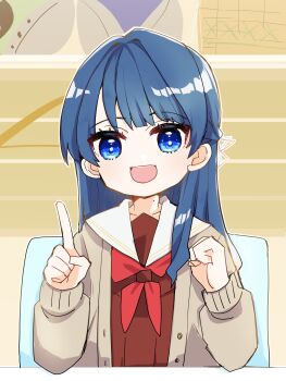 Rule 34 | 1girl, :d, blue eyes, blue hair, brown cardigan, brown dress, cardigan, chair, clenched hand, collarbone, commentary request, dress, half updo, hasu no sora school uniform, highres, index finger raised, indoors, kanduki kamibukuro, link! like! love live!, long hair, long sleeves, looking at viewer, love live!, mole, mole on neck, murano sayaka, neckerchief, on chair, open cardigan, open clothes, open mouth, red neckerchief, sailor collar, sailor dress, school uniform, sitting, smile, solo, straight-on, stuffed toy, upper body, virtual youtuber, white sailor collar, winter uniform