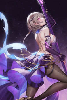 1girl backless_dress backless_outfit bare_shoulders black_pantyhose breasts brown_hair closed_mouth commentary_request detached_sleeves dress earrings highres holding holding_scythe holding_weapon honkai_(series) honkai_impact_3rd jewelry large_breasts leg_up looking_at_viewer maoh_yueer mole mole_under_eye pantyhose pink_eyes profile purple_dress rita_rossweisse rita_rossweisse_(miss_espionage) scythe short_hair sidelocks sideways_glance smile solo thigh_strap weapon