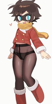 1girl batrobin_k black_mask black_panties black_pantyhose blue_eyes brown_hair buttons commentary crotch_seam domino_mask double-breasted english_commentary eye_mask fang fur_trim highres mask midriff_peek original panties pantyhose robin_(batrobin_k) scarf short_hair simple_background skin_fang underwear white_background winter_clothes