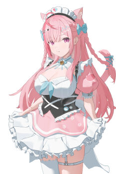 1girl ahoge animal_ears badge bell belt blue_bow blue_ribbon bow braid breasts button_badge cat_ears cat_girl cat_hair_ornament cat_tail cleavage closed_mouth commentary dress garter_straps gloves hair_bow hair_ornament hairclip heart heart_print highres indie_virtual_youtuber jingle_bell large_breasts long_hair looking_at_viewer maid maid_headdress neck_bell neck_ribbon paw_print pink_dress pink_eyes pink_hair pink_tail ribbon short_sleeves simple_background single_garter_strap single_thighhigh solo star_(symbol) star_hair_ornament tail thigh_belt thigh_strap thighhighs thighs two_side_up virtual_youtuber white_background white_belt white_dress white_garter_straps white_gloves white_thighhighs yuuki_sakuna yuuki_sakuna_(3rd_costume) zame_ee