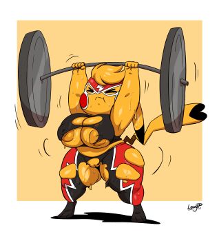 <3_tail 1girl 2021 absurdres bad_tag barbell belly big_breasts breasts chubby_anthro cleft_tail closed_eyes cosplay_pikachu cosplay_pikachu_(character) cosplay_pikachu_(costume) dipstick_ears dipstick_tail exercising female female_focus fitness_gym fur furry gen_1_pokemon highres huge_breasts joaoppereiraus kanna_(joaoppereiraus) midriff multicolored_ears multicolored_tail muscular nintendo nipples pikachu pikachu_libre plump pokemon pokemon_(creature) pussy shortstack signature solo sweat tail thick_thighs thighs torn_clothes weightlifting wide_hips