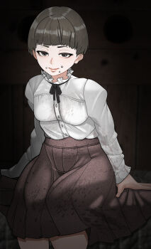 1girl alternate_hair_length alternate_hairstyle arm_support black_ribbon breasts brown_eyes brown_hair closed_mouth commentary_request face_piercing fear_&amp;_hunger_(series) fear_&amp;_hunger_2:_termina feet_out_of_frame frilled_shirt_collar frills highres lips long_sleeves looking_at_viewer marina_(fear_&amp;_hunger) minami_no_uo-za mouth_piercing neck_ribbon piercing pink_skirt ribbon shirt shirt_tucked_in short_hair sitting skirt small_breasts solo vignetting white_shirt