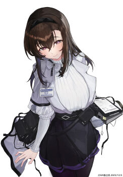 Rule 34 | 1girl, absurdres, arknights, black eyes, black hairband, black pantyhose, black skirt, breasts, brown hair, coat, commentary request, dated, gn tuituji, grey coat, hairband, highres, huge breasts, id card, long hair, looking at viewer, pantyhose, priestess (arknights), ribbed sweater, simple background, skirt, smile, solo, sweater, turtleneck, turtleneck sweater, white background, white sweater