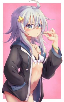 1girl absurdres ahoge aqua_eyes bikini black_jacket border breasts dragon_musume_ni_naritakunai! duel_masters grey_hair hair_ornament highres jacket kanimiso_(juutilainen77) kumada_suzu long_hair navel open_clothes open_jacket outside_border playing_with_hair signature small_breasts solo swimsuit white_bikini white_border
