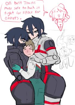 1boy 2girls android armor ass assertive_female blue_eyes blush chibi hand_on_another&#039;s_shoulder hand_on_another&#039;s_waist head_on_chest hug humanoid_robot japvs multiple_girls robot robot_girl sandwiched short_hair shoulder_armor signalis size_difference speech_bubble standing tall_female