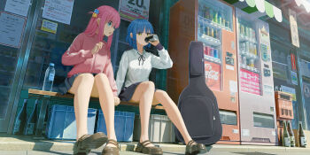 2girls 3d arm_at_side black_ribbon black_skirt blue_eyes blue_hair bocchi_the_rock! bottle brown_shoes can coca-cola collared_shirt commentary_request crossed_bangs cube_hair_ornament day drink_can dunlop gotoh_hitori guitar_case hair_between_eyes hair_ornament hairclip hand_up highres holding holding_can instrument_case jacket lin_sen_lins long_bangs long_hair long_sidelocks long_sleeves looking_to_the_side mary_janes multiple_girls neck_ribbon on_bench open_mouth outdoors parallel_hairclips pink_hair pink_jacket pleated_skirt ribbon school_uniform shimokitazawa_high_school_uniform shirt shoes short_hair sidelocks sideways_mouth sitting skirt slice_of_life track_jacket undershirt vending_machine white_shirt wing_collar yamada_ryo yellow_eyes