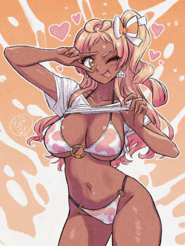 Rule 34 | 1girl, bikini, blonde hair, breasts, byackopath (artist), clothes lift, commentary request, dark-skinned female, dark skin, highleg, highleg bikini, highres, komiya nikuru (byackopath), large breasts, long hair, looking at viewer, multicolored bikini, o-ring, o-ring bikini, o-ring bottom, o-ring top, one side up, orange eyes, original, shirt lift, solo, swimsuit, tan, tongue, tongue out, two-tone bikini, v, v over eye