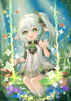 1girl :d absurdres bare_shoulders bracelet commentary_request day detached_sleeves dress emirate_chen'ai from_side genshin_impact gold_trim gradient_hair green_eyes green_hair green_sleeves hair_between_eyes hair_ornament hand_up highres jewelry leaf_hair_ornament long_hair looking_at_viewer multicolored_hair mushroom nahida_(genshin_impact) on_swing open_mouth outdoors pointy_ears sitting sleeveless sleeveless_dress smile solo star-shaped_pupils star_(symbol) sunlight swing symbol-shaped_pupils white_dress white_hair