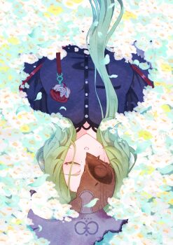 1girl absurdres ashimi_fugo black_dress breasts closing_eyes commentary_request dress flower flower_on_chest green_hair highres isolde_(zenless_zone_zero) large_breasts lying mevorakh_(zenless_zone_zero) mole mole_on_cheek mole_under_eye mouse_tail red_ribbon ribbon solo tail turtleneck turtleneck_dress white_flower zenless_zone_zero