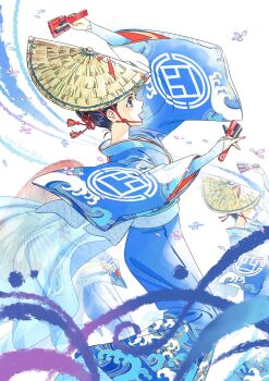 2girls amigasa awa_odori_tokushima black_hair blue_kimono clacker commentary commission fingernails flower from_side hat highres japanese_clothes kariya_(kry_aia) kimono layered_kimono long_sleeves multiple_girls obi obijime open_mouth original print_kimono red_lips red_umbrella rice_hat sash see-through_clothes straw_hat torioigasa two-sided_fabric two-sided_headwear umbrella wave_print wide_sleeves