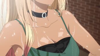 1girl 2022 20s animated animated_gif bare_shoulders black_shirt blonde_hair breasts choker cleavage collarbone dark-skinned_female dark_skin green_vest gyaru kitagawa_marin large_breasts leaf_print long_hair navel no_bra shirt sidelocks solo sono_bisque_doll_wa_koi_wo_suru sweat tagme tan tanned_body vest