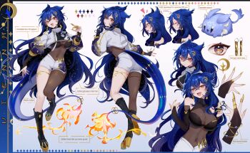 1girl absurdres black_boots black_bridal_gauntlets blue_hair blue_tail bodysuit boots bracelet breasts bridal_gauntlets closed_eyes constellation crescent crescent_hair_ornament cropped_jacket dragon_girl dragon_tail earrings fake_claws fire flame-tipped_tail gold_claws hair_between_eyes hair_ornament highres indie_virtual_youtuber jacket jewelry large_breasts long_hair looking_back mole_under_breast multiple_views navel official_art open_mouth red_eyes reference_sheet see-through_bodysuit see-through_cleavage see-through_clothes shorts srinitybeast starry_hair szainx tail thigh_marking vienna_(6th_costume)_(vtuber) vienna_(vtuber) virtual_youtuber white_background white_jacket white_shorts yellow_nails