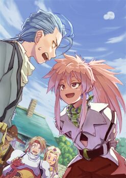 2girls 3boys arche_klein armor belt blonde_hair blue_eyes blush cape chester_burklight claus_f._lester cloud commentary_request cress_albane dress earrings gloves hat house jewelry long_hair looking_at_another mint_adenade multiple_boys multiple_girls nurse_cap open_mouth pants pink_eyes pink_hair ponytail smile smug sweatdrop tales_of_(series) tales_of_phantasia toraneko wide_ponytail